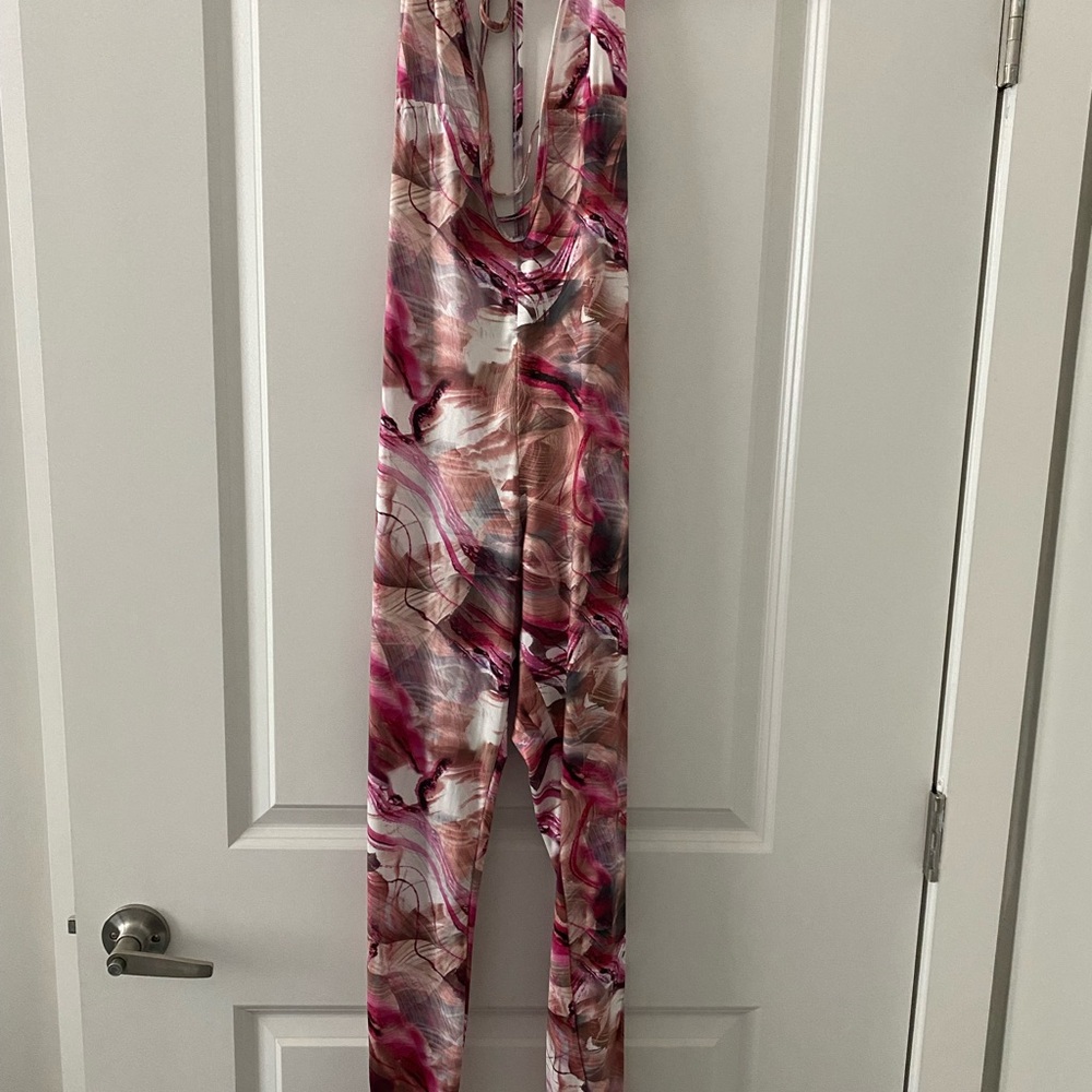 PrettyLittleThing Pink and Brown Swirl Jumpsuit